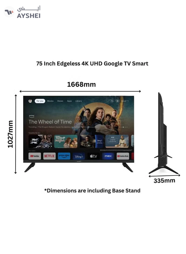 VIDEOCON 75" Edgeless 4K UHD Official Google TV With Hey Google Voice Remote, Bluetooth, Dolby Audio And Free Wall Bracket- 2024 New Model E75ELGT1100 Black