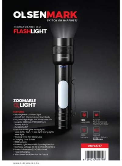 Olsenmark Rechargeable LED Flashlight OMFL2737 | Zoomable 2000 Lumens, 3 Lighting Modes + Side Light | 5000mAh Battery, Portable Camping, Hiking, Car Repair & Emergency Torch | Black Aluminum-1