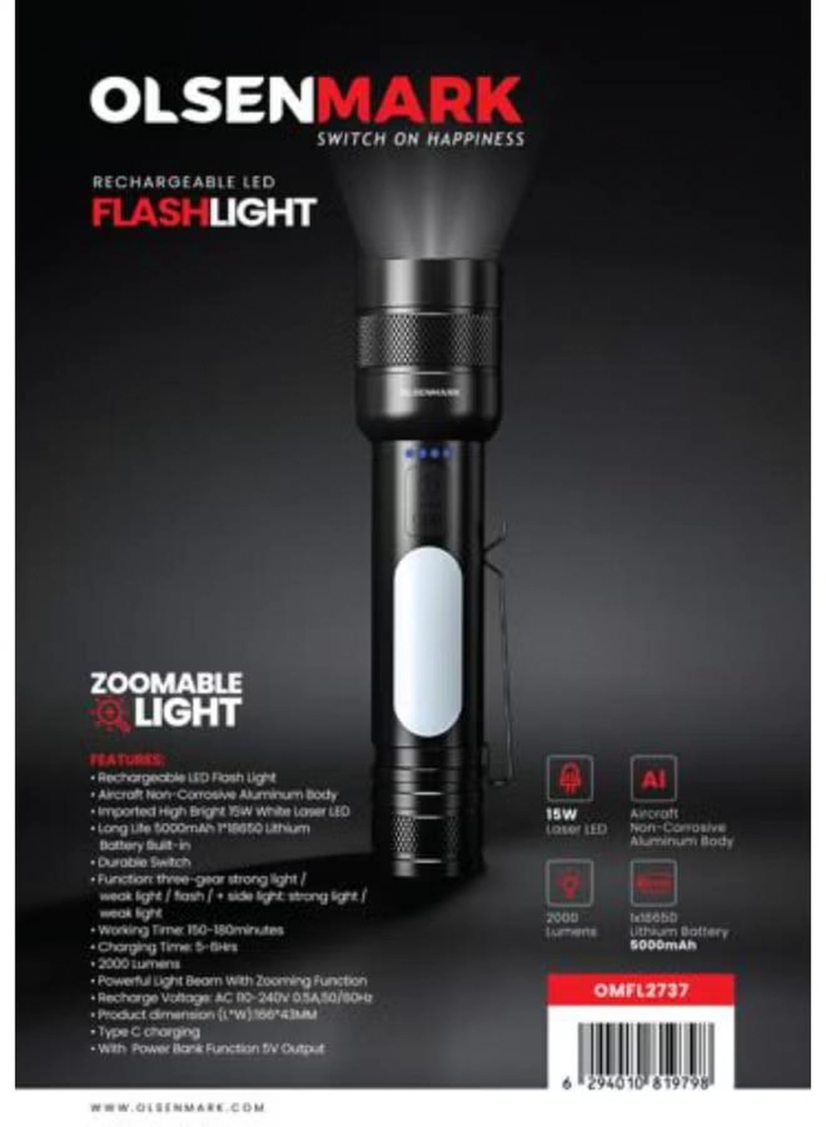 Olsenmark Rechargeable LED Flashlight OMFL2737 | Zoomable 2000 Lumens, 3 Lighting Modes + Side Light | 5000mAh Battery, Portable Camping, Hiking, Car Repair & Emergency Torch | Black Aluminum-1-1