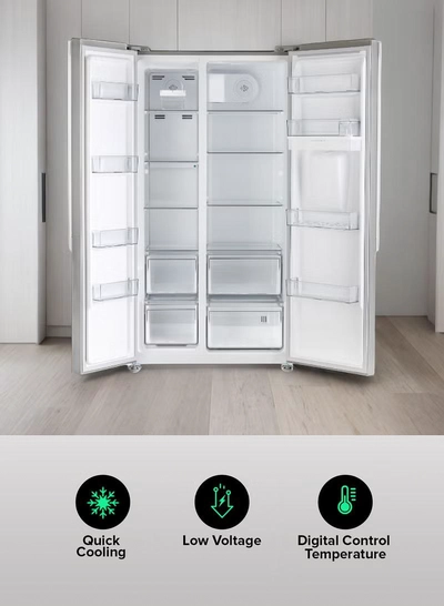 GEEPAS 670L Gross/521L Net Capacity No Frost Side By Side Refrigerator| With Invertor Compressor, Digital Control Temperature Display, Water Dispensor, 4 Cooling Modes, Tempered Glass Shelves, Twist Ice Maker, Inside Condensor, Freezer- 177L capacity 670 L 150 W GRFS6622SWXHN Silver-2