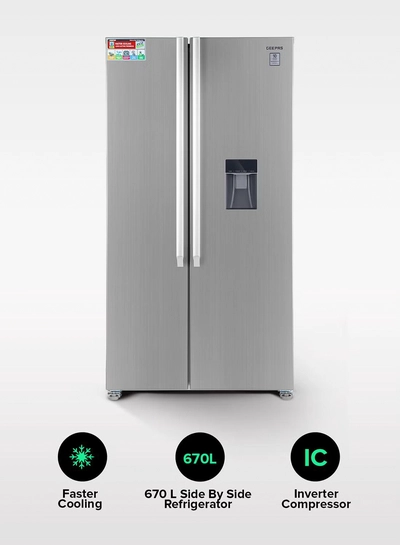 GEEPAS 670L Gross/521L Net Capacity No Frost Side By Side Refrigerator| With Invertor Compressor, Digital Control Temperature Display, Water Dispensor, 4 Cooling Modes, Tempered Glass Shelves, Twist Ice Maker, Inside Condensor, Freezer- 177L capacity 670 L 150 W GRFS6622SWXHN Silver-0