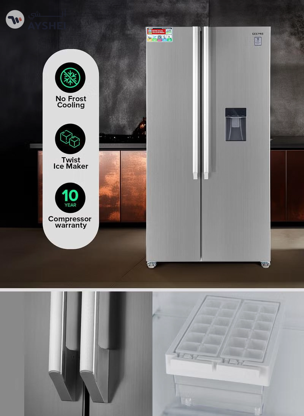 GEEPAS 670L Gross/521L Net Capacity No Frost Side By Side Refrigerator| With Invertor Compressor, Digital Control Temperature Display, Water Dispensor, 4 Cooling Modes, Tempered Glass Shelves, Twist Ice Maker, Inside Condensor, Freezer- 177L capacity 670 L 150 W GRFS6622SWXHN Silver-3-3