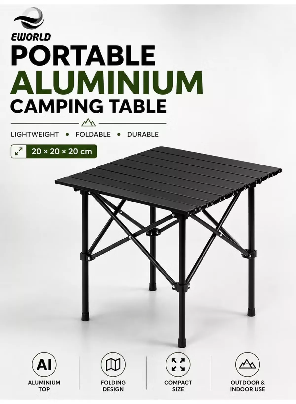 Eworld Portable Folding Camping Table with Waterproof Aluminum Alloy Top, Lightweight Compact Outdoor Table, 30kg Load Capacity, Reinforced X-Frame, Foldable Travel Picnic Table for Camping, Hiking, Fishing, BBQ, Beach & Outdoor Adventures (20 × 20 × 20 cm)