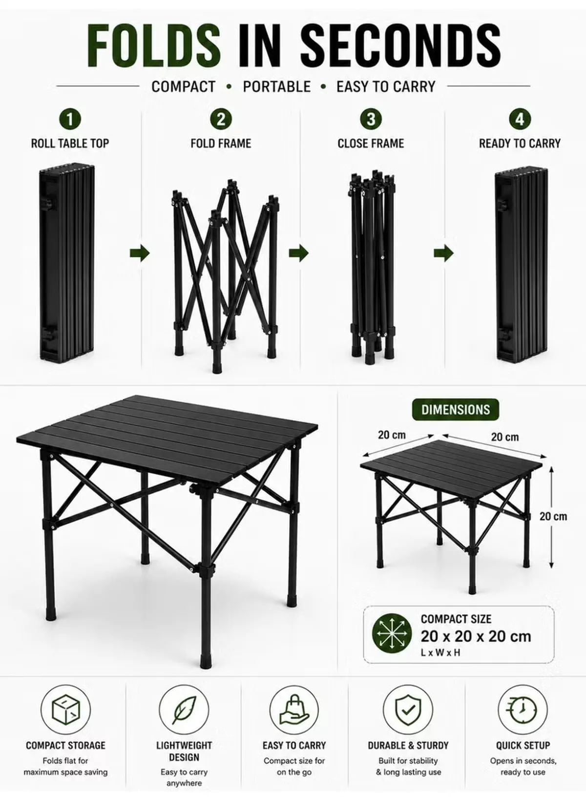 Eworld Portable Folding Camping Table with Waterproof Aluminum Alloy Top, Lightweight Compact Outdoor Table, 30kg Load Capacity, Reinforced X-Frame, Foldable Travel Picnic Table for Camping, Hiking, Fishing, BBQ, Beach & Outdoor Adventures (20 × 20 × 20 cm)-2-2