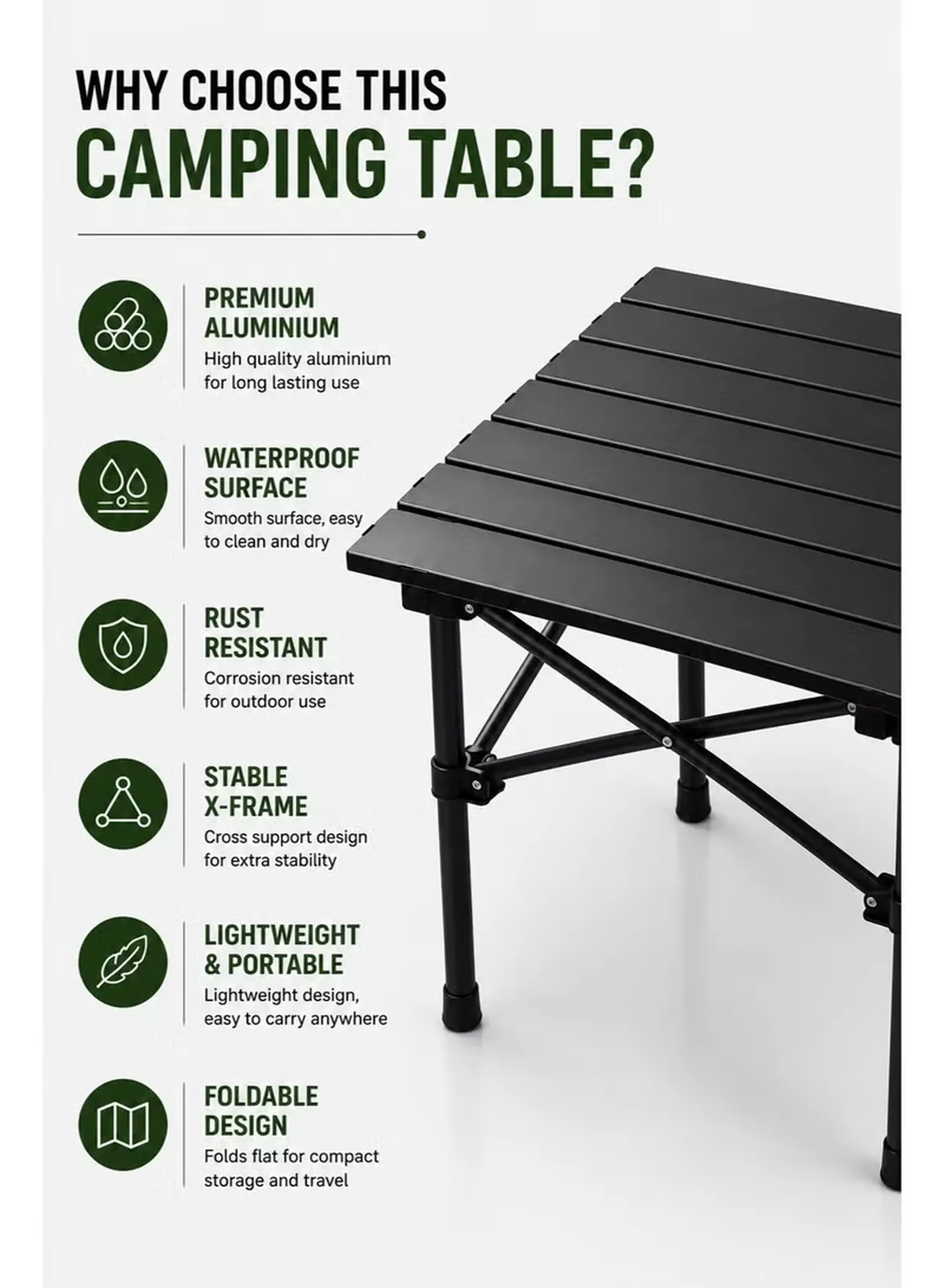 Eworld Portable Folding Camping Table with Waterproof Aluminum Alloy Top, Lightweight Compact Outdoor Table, 30kg Load Capacity, Reinforced X-Frame, Foldable Travel Picnic Table for Camping, Hiking, Fishing, BBQ, Beach & Outdoor Adventures (20 × 20 × 20 cm)-1-1