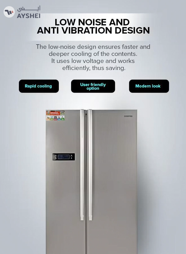 GEEPAS 550L Gross/436L Net Capacity No Frost Side By Side Refrigerator| With Multi air Flow, Digital Control Temperature Display, Inverter Compresspr, Tempered glass Shelves, Twist Ice Maker, 4 Cooling Modes, Door Open Alarm, Freezer- 145L capacity GRFS5520SXHN Silver