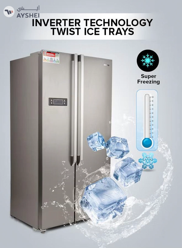 GEEPAS 550L Gross/436L Net Capacity No Frost Side By Side Refrigerator| With Multi air Flow, Digital Control Temperature Display, Inverter Compresspr, Tempered glass Shelves, Twist Ice Maker, 4 Cooling Modes, Door Open Alarm, Freezer- 145L capacity GRFS5520SXHN Silver