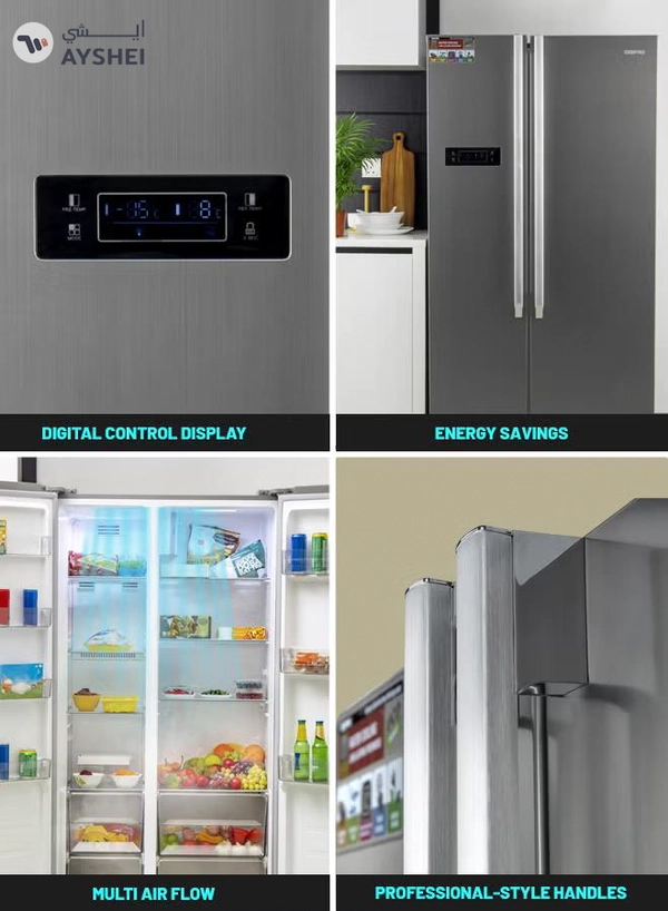 GEEPAS 550L Gross/436L Net Capacity No Frost Side By Side Refrigerator| With Multi air Flow, Digital Control Temperature Display, Inverter Compresspr, Tempered glass Shelves, Twist Ice Maker, 4 Cooling Modes, Door Open Alarm, Freezer- 145L capacity GRFS5520SXHN Silver