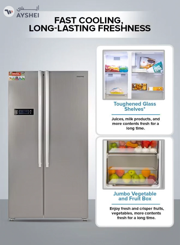 GEEPAS 550L Gross/436L Net Capacity No Frost Side By Side Refrigerator| With Multi air Flow, Digital Control Temperature Display, Inverter Compresspr, Tempered glass Shelves, Twist Ice Maker, 4 Cooling Modes, Door Open Alarm, Freezer- 145L capacity GRFS5520SXHN Silver