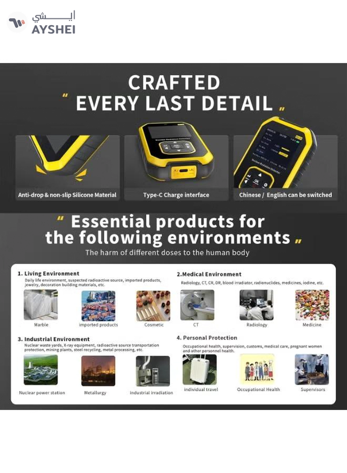 Eworld Portable Geiger Counter Radiation Detector – Handheld Rechargeable Dosimeter for Gamma-2-2
