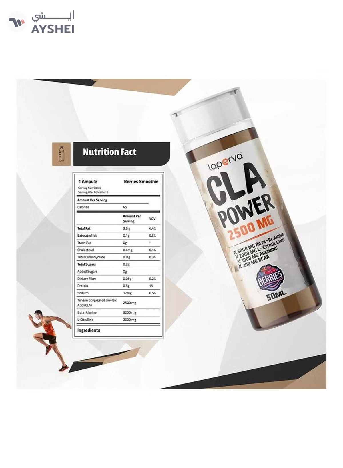Laperva CLA Power Berries Smoothie 2500mg, 50ml x 12 Ampules - Tonalin CLA, Beta-alanine, L-Citrulline, BCAA, Taurine, Vitamins, Made in Spain-2-2