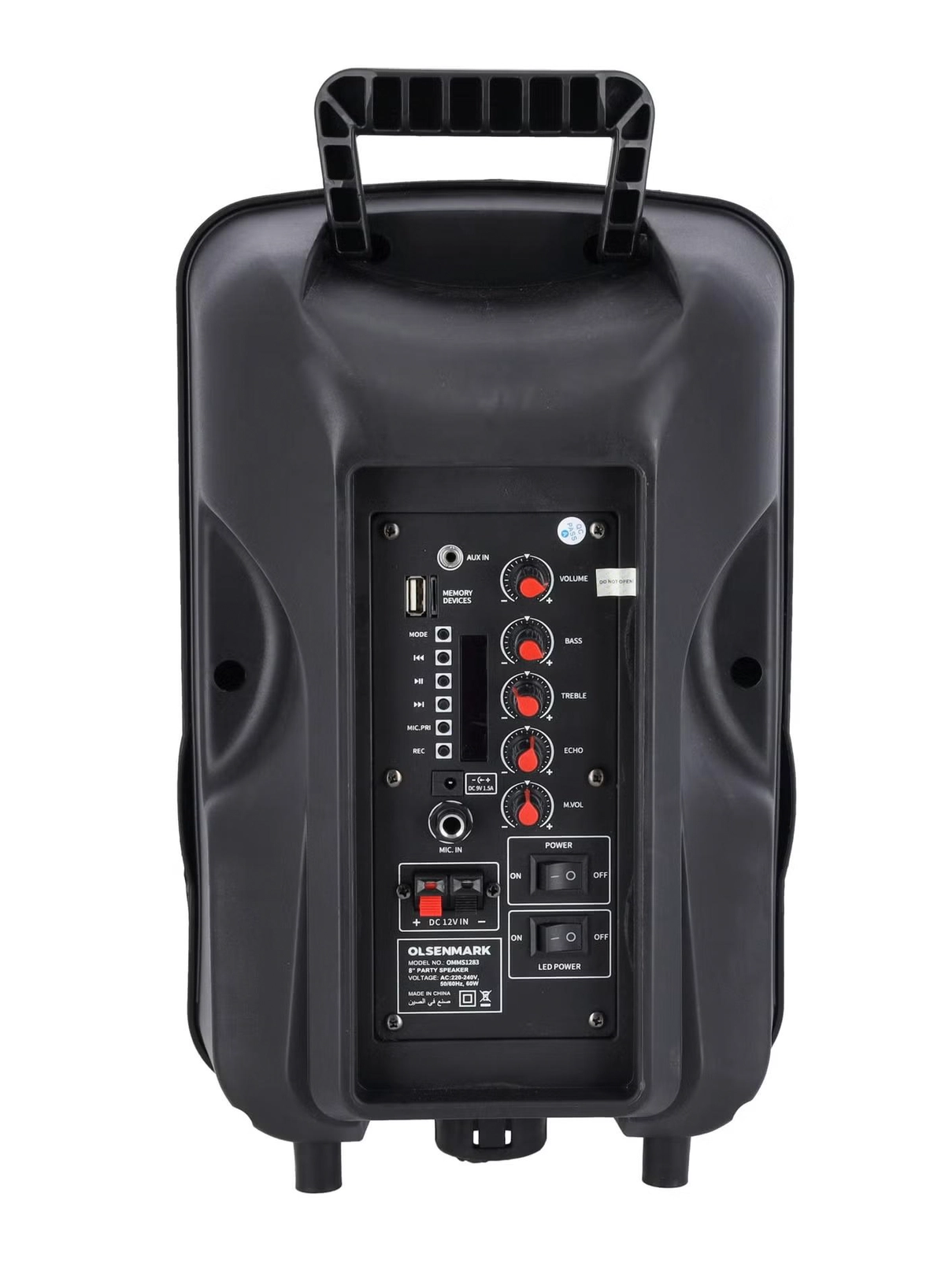 Olsenmark Rechargeable Party Speaker , 8 Inch, OMMS1283 | 8000W PMPO | 7.4V 1800mAh Battery | USB/TF/FM/BT/Remote/LED Display/AUX In/MIC-3-3