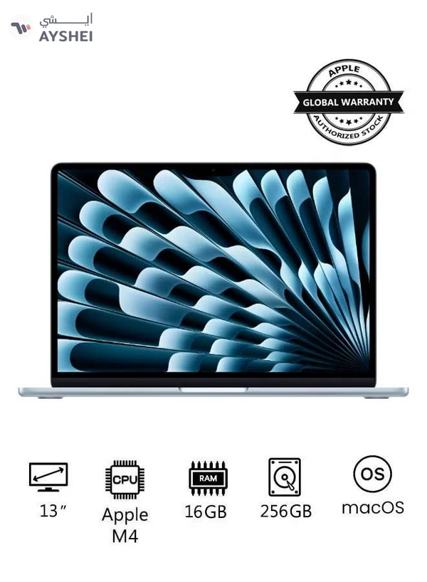 Apple New 2025 MacBook Air MC6T4 13-Inch Display, Apple M4 Chip 10-Core CPU 8-Core GPU Processor/16GB RAM/256GB SSD/macOS English/Arabic Sky Blue