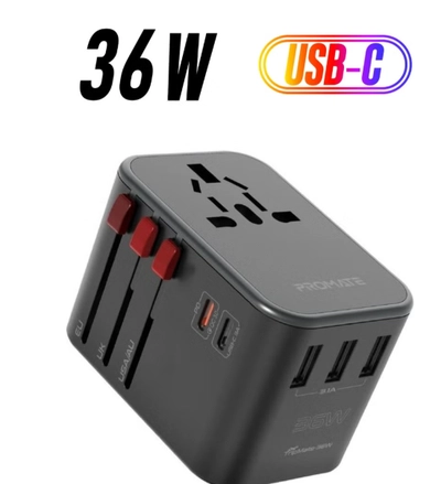 PROMATE iPhone 16 Charger, Smart Charging Surge Protected Universal Travel Adapter 36W - Black-0
