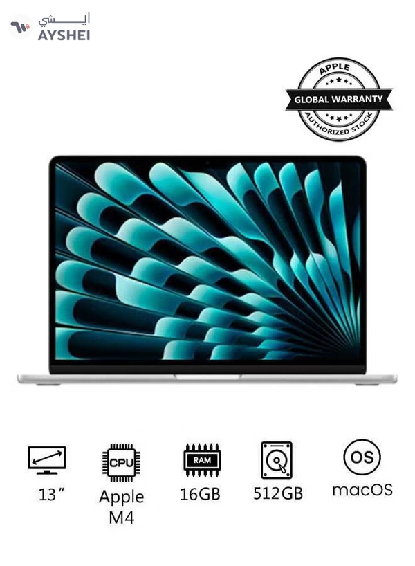 Apple New 2025 MacBook Air MW0X3 13-Inch Display, Apple M4 Chip 10-Core CPU 10-Core GPU Processor/16GB RAM/512GB SSD/macOS English/Arabic Silver
