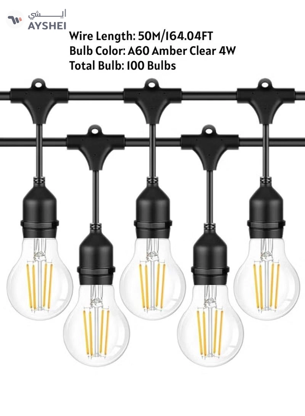 Yuwell Outdoor Waterproof IP65 Led String Lights E27 Holder 50 Meter Bulb Holder Wire With 100 Bulbs 4W A60 Clear With EU Plug Solar Bulb Holder For Ramadan Decoration Lights And Outdoor Decoration Light Hanging Light String Wire Ramadan Light For Commercial Patio Garden & Porch Yard