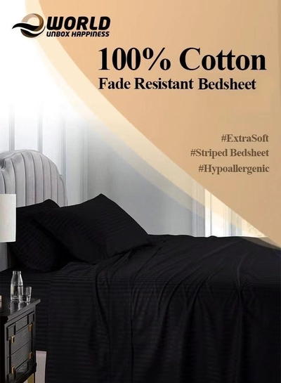 Eworld 3 Piece Luxury Black Striped Bed Sheet Set with 1 Flat Sheet and 2 Pillowcases-2