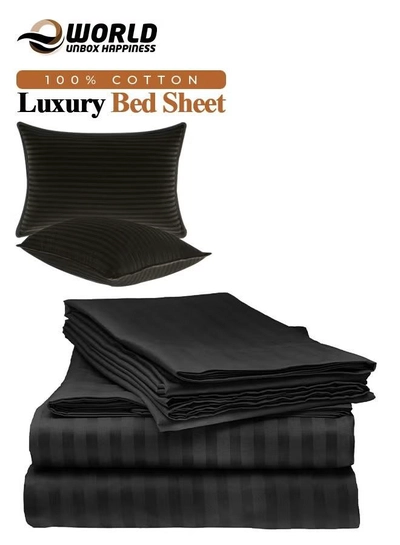 Eworld 3 Piece Luxury Black Striped Bed Sheet Set with 1 Flat Sheet and 2 Pillowcases-0