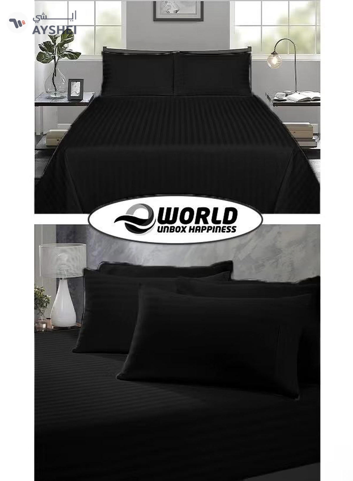 Eworld 3 Piece Luxury Black Striped Bed Sheet Set with 1 Flat Sheet and 2 Pillowcases-4-4