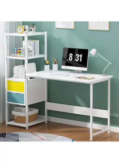 Computer Desk With 4 Tiers Shelves Drawers Study Writing Desk With Bookshelf Storage Reversible Office Desk For Home Office White-1