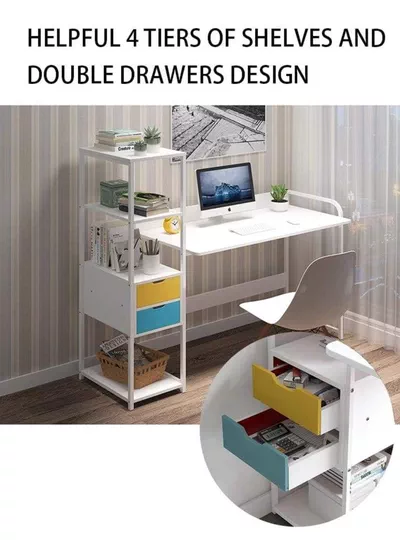 Computer Desk With 4 Tiers Shelves Drawers Study Writing Desk With Bookshelf Storage Reversible Office Desk For Home Office White-2