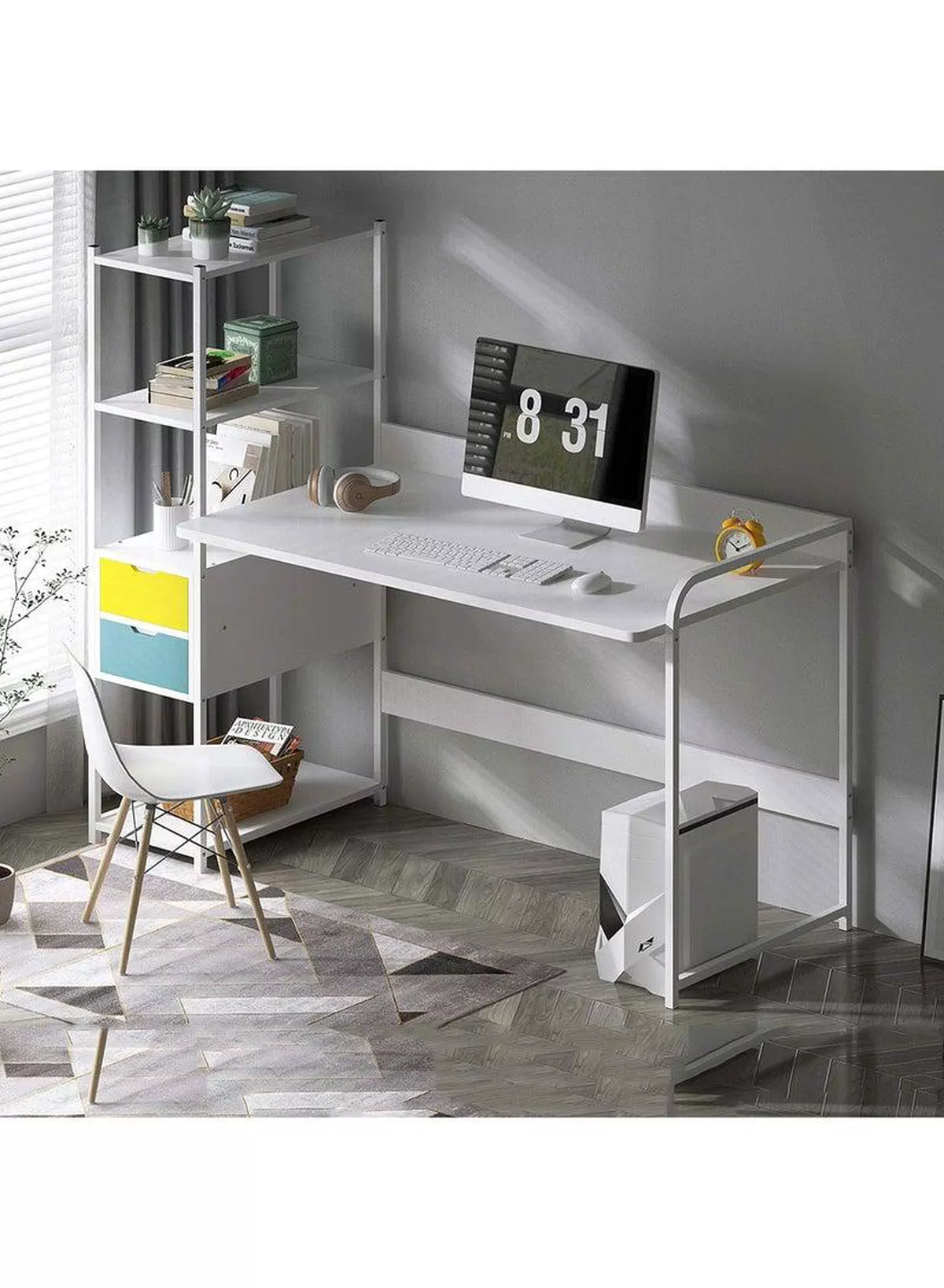 Computer Desk With 4 Tiers Shelves Drawers Study Writing Desk With Bookshelf Storage Reversible Office Desk For Home Office White