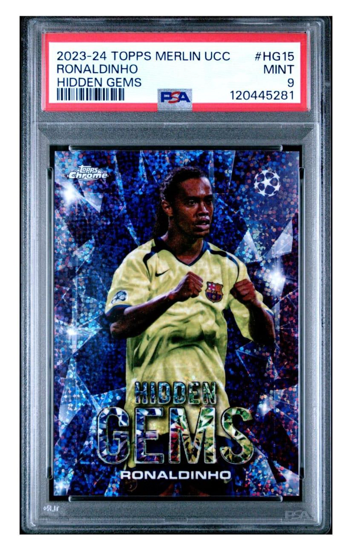 Ronaldinho - 2023-24 Topps Merlin UCC Hidden Gems - FC Barcelona - Graded PSA 9-2-2