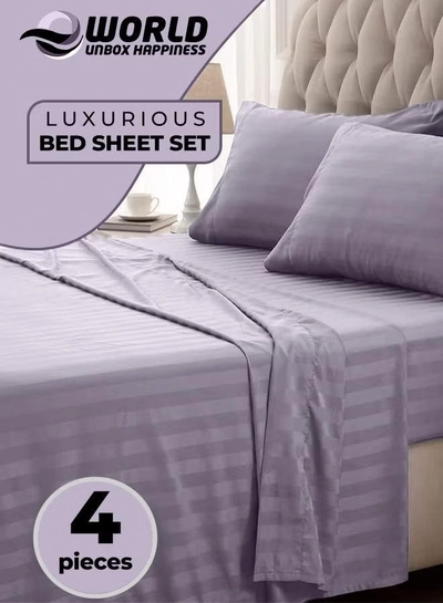 Eworld 4-Piece Luxury King Size Purple Striped Bedding Set-0