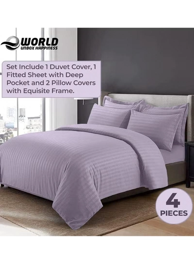 Eworld 4-Piece Luxury King Size Purple Striped Bedding Set-5