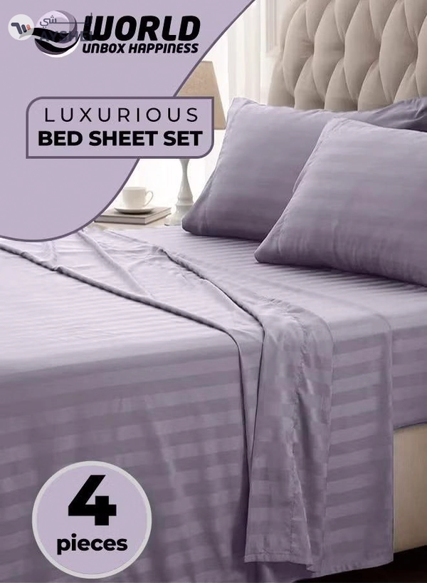 Eworld 4-Piece Luxury King Size Purple Striped Bedding Set