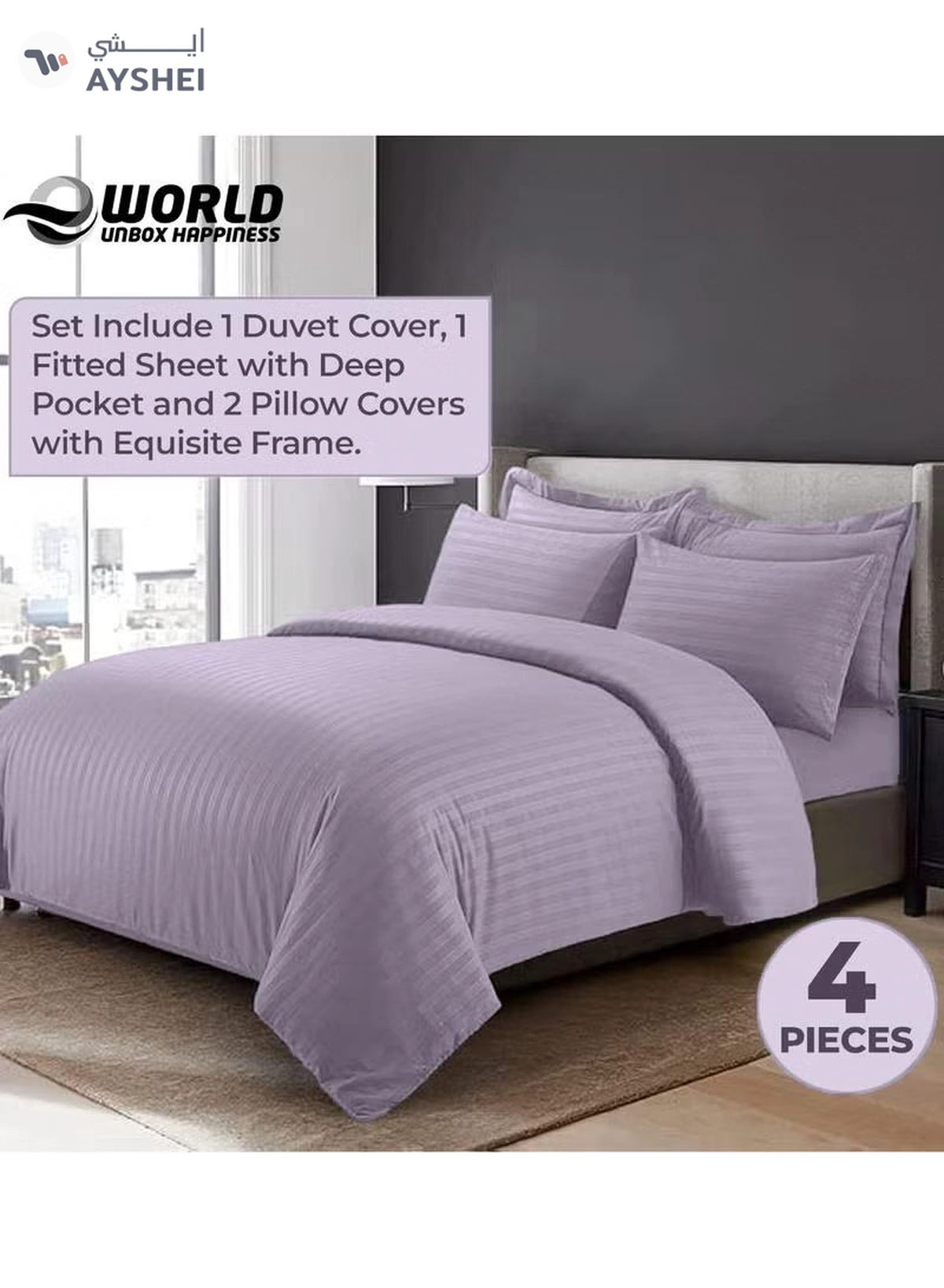 Eworld 4-Piece Luxury King Size Purple Striped Bedding Set-5-5
