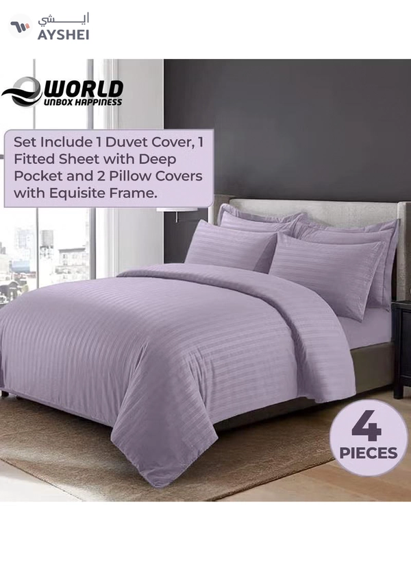 Eworld 4-Piece Luxury King Size Purple Striped Bedding Set