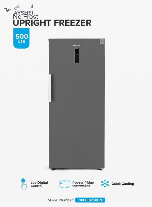GEEPAS 500 L Gross/433 L Net Capacity No Frost Upright Freezer Convertible And Huge Storage Capacity, Inverter Compressor, Freeze And Fridge Conversion Option, Digital Temperature Control, Door Open Alarm GRFU5125XHN 150 W GRFU5125XHN Metallic Grey