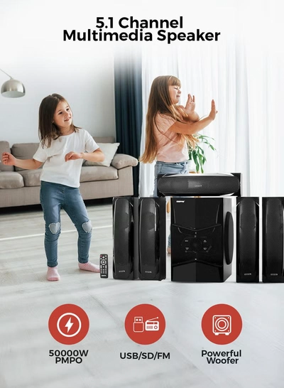 KNYA 5.1 Channel Multimedia Speaker System With Remote Control- FM Radio, Bluetooth, USB Input, SD Card Reader, Karaoke Function| LED Display, 50000W PMPO Speaker Unit| 2 Years Warranty GMS8578 Black GMS8578 Black-4