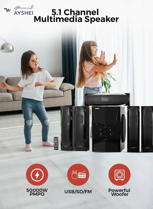 KNYA 5.1 Channel Multimedia Speaker System With Remote Control- FM Radio, Bluetooth, USB Input, SD Card Reader, Karaoke Function| LED Display, 50000W PMPO Speaker Unit| 2 Years Warranty GMS8578 Black GMS8578 Black