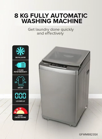 GEEPAS 8 KG Fully Automatic Washing Machine| Fully Digital Control and Automatic Top Load Washing Machine| 8 Wash Programs with Strong Pulsator| Safety Lock and Durable Metal Body 330W 8 kg 8 kg GFWM8823SX Grey-1