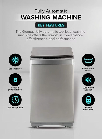 GEEPAS 8 KG Fully Automatic Washing Machine| Fully Digital Control and Automatic Top Load Washing Machine| 8 Wash Programs with Strong Pulsator| Safety Lock and Durable Metal Body 330W 8 kg 8 kg GFWM8823SX Grey-0