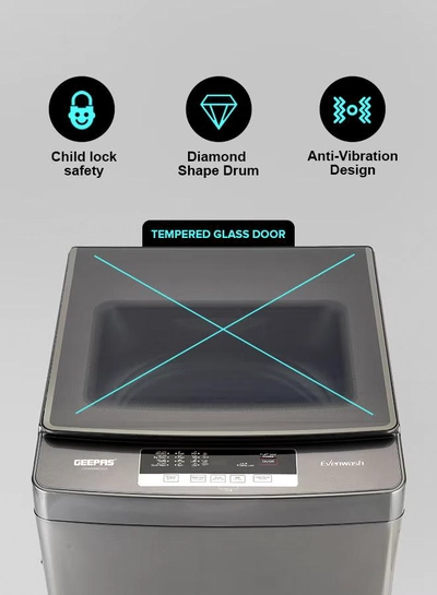 GEEPAS 8 KG Fully Automatic Washing Machine| Fully Digital Control and Automatic Top Load Washing Machine| 8 Wash Programs with Strong Pulsator| Safety Lock and Durable Metal Body 330W 8 kg 8 kg GFWM8823SX Grey-4
