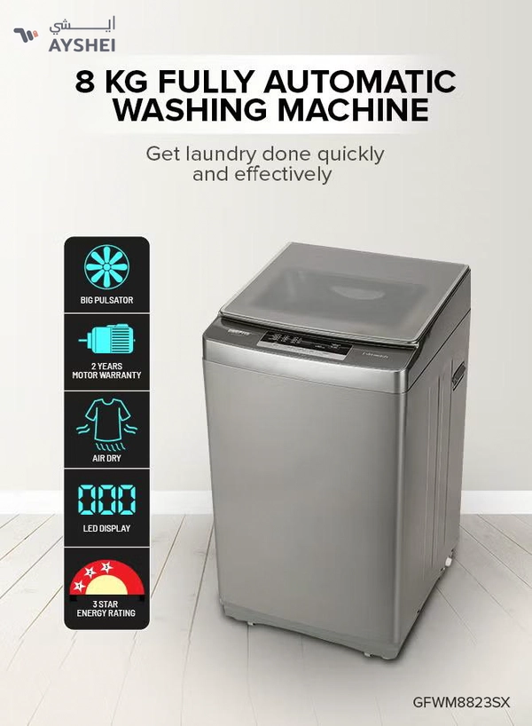 GEEPAS 8 KG Fully Automatic Washing Machine| Fully Digital Control and Automatic Top Load Washing Machine| 8 Wash Programs with Strong Pulsator| Safety Lock and Durable Metal Body 330W 8 kg 8 kg GFWM8823SX Grey