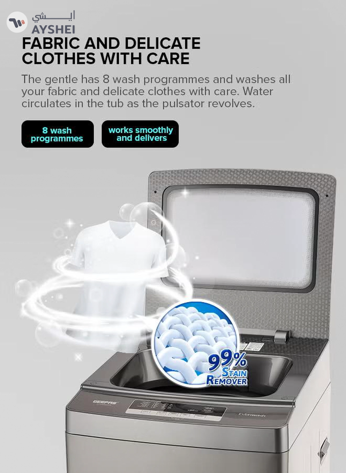 GEEPAS 8 KG Fully Automatic Washing Machine| Fully Digital Control and Automatic Top Load Washing Machine| 8 Wash Programs with Strong Pulsator| Safety Lock and Durable Metal Body 330W 8 kg 8 kg GFWM8823SX Grey-3-3