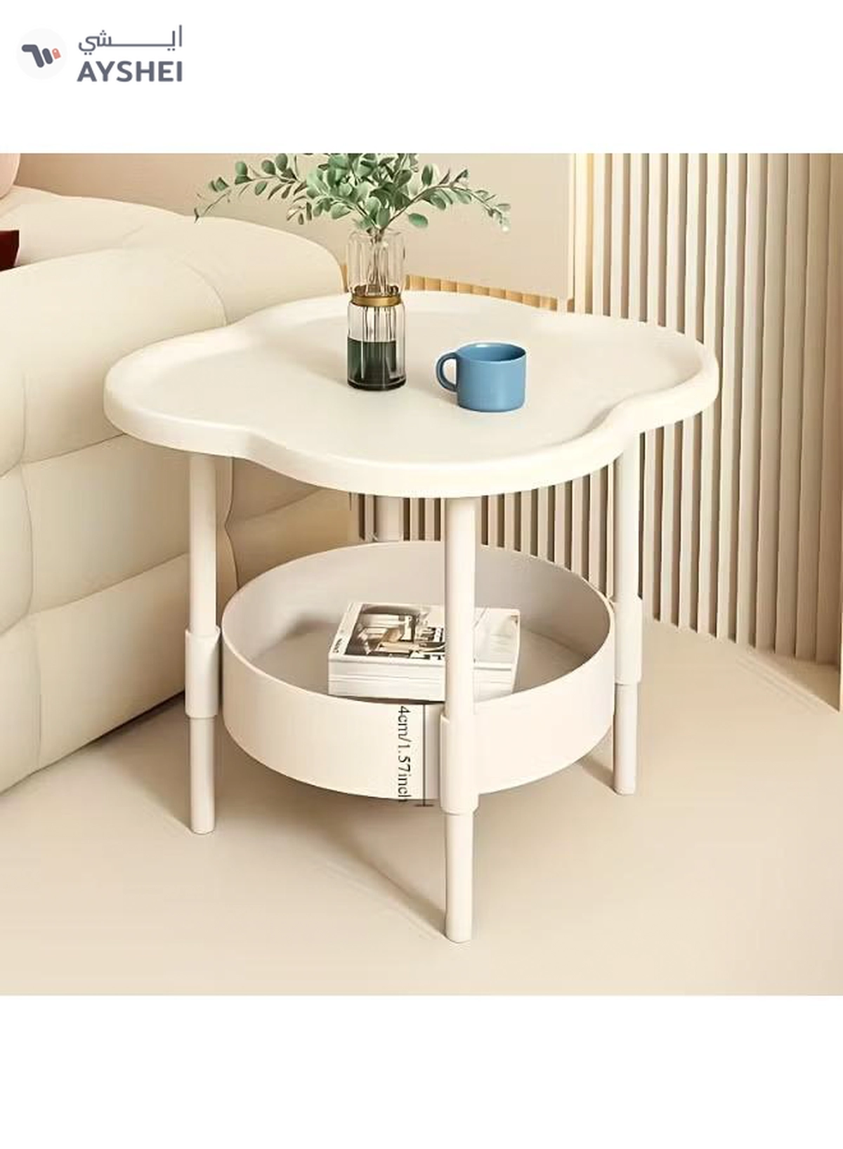 DubaiGallery Minimalist White Side Table with Curved Tray Top, Two-Tier Storage Design, Strong Metal Legs, Stylish End Table for Sofa, Bedside, Reading Corner or Office Use-3-3