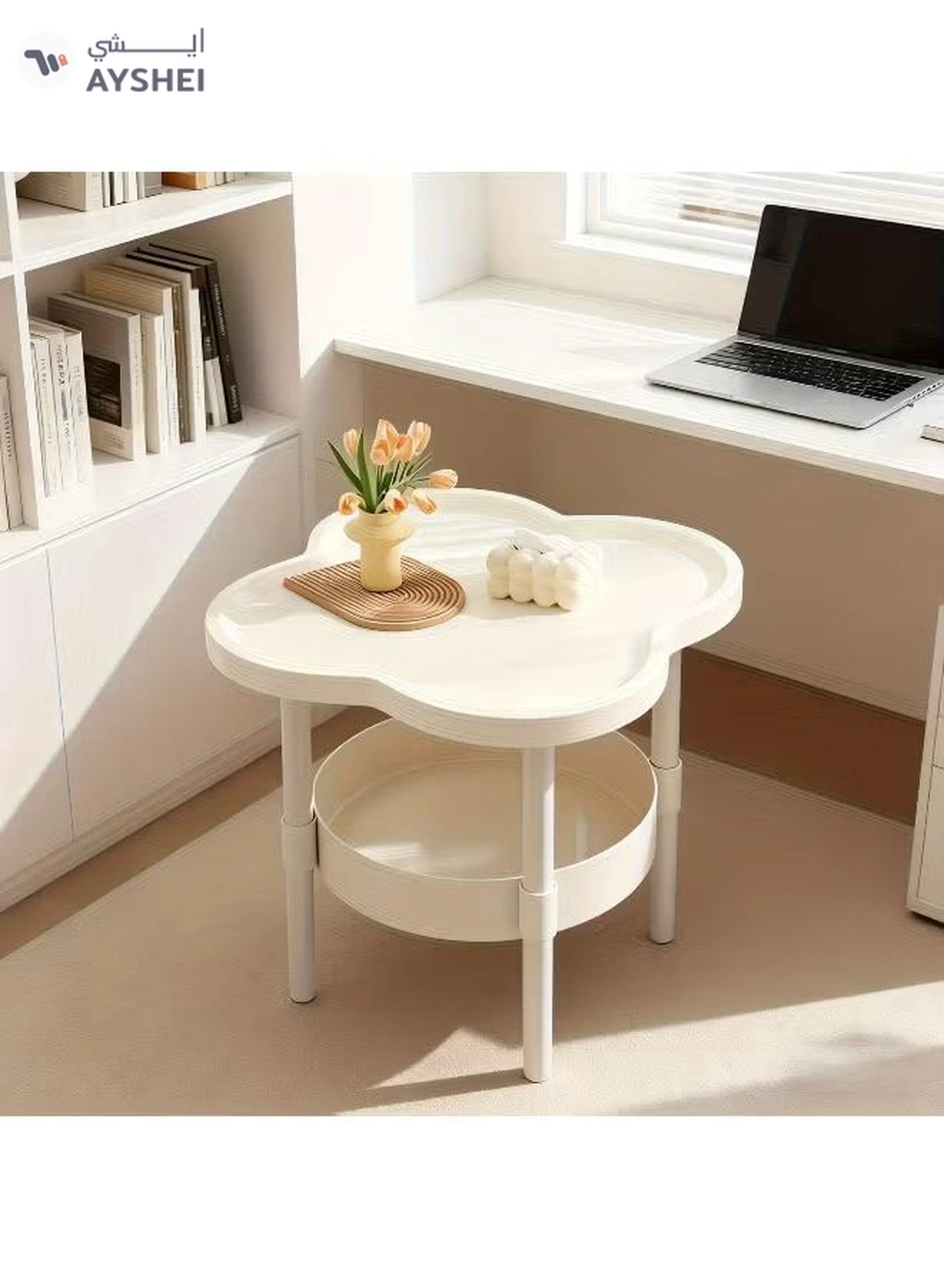 DubaiGallery Minimalist White Side Table with Curved Tray Top, Two-Tier Storage Design, Strong Metal Legs, Stylish End Table for Sofa, Bedside, Reading Corner or Office Use-2-2