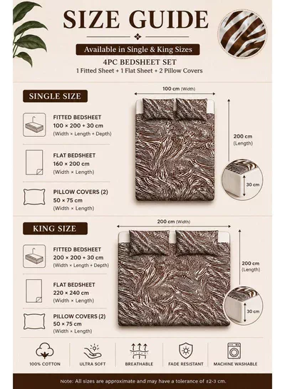 4-Piece Printed Cotton Bedsheet Set, Zebra Print, 100% Cotton, 125 GSM, 1 Fitted Sheet + 1 Flat Sheet + 2 Pillowcases – Available in Single and King Sizes-3