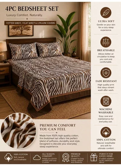 4-Piece Printed Cotton Bedsheet Set, Zebra Print, 100% Cotton, 125 GSM, 1 Fitted Sheet + 1 Flat Sheet + 2 Pillowcases – Available in Single and King Sizes-5