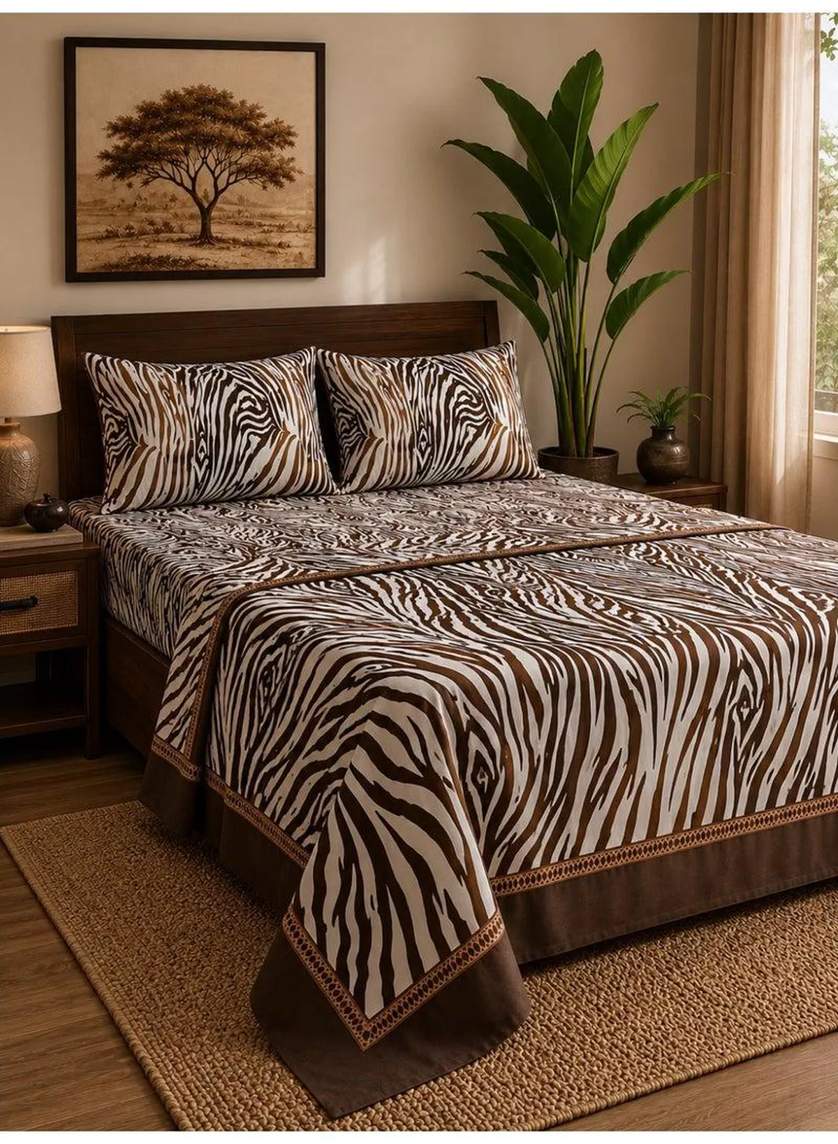 4-Piece Printed Cotton Bedsheet Set, Zebra Print, 100% Cotton, 125 GSM, 1 Fitted Sheet + 1 Flat Sheet + 2 Pillowcases – Available in Single and King Sizes