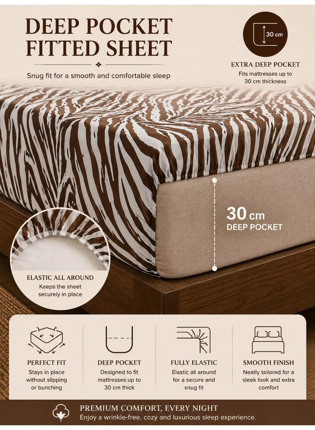 4-Piece Printed Cotton Bedsheet Set, Zebra Print, 100% Cotton, 125 GSM, 1 Fitted Sheet + 1 Flat Sheet + 2 Pillowcases – Available in Single and King Sizes-2-2
