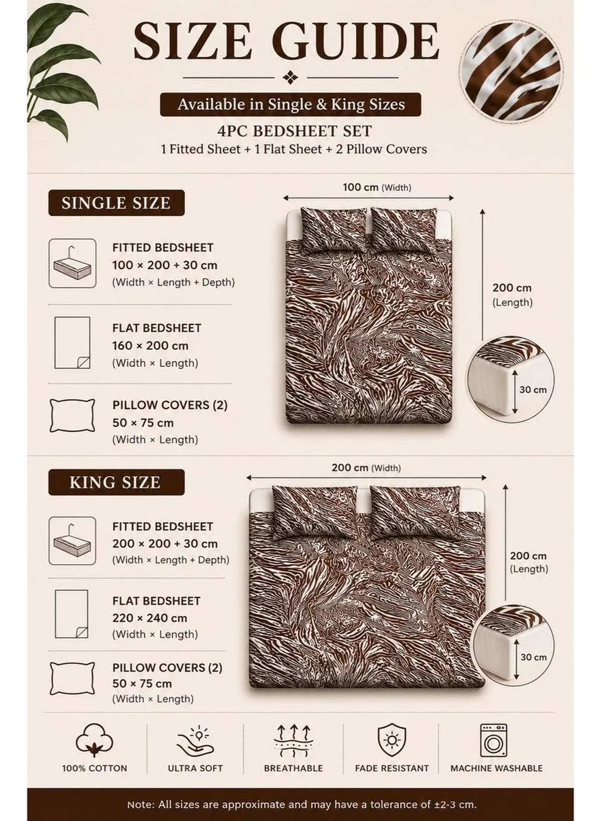 4-Piece Printed Cotton Bedsheet Set, Zebra Print, 100% Cotton, 125 GSM, 1 Fitted Sheet + 1 Flat Sheet + 2 Pillowcases – Available in Single and King Sizes-3-3
