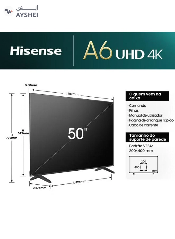 Hisense 50 inch 4K Smart TV UHD 60Hz 50A6N Black