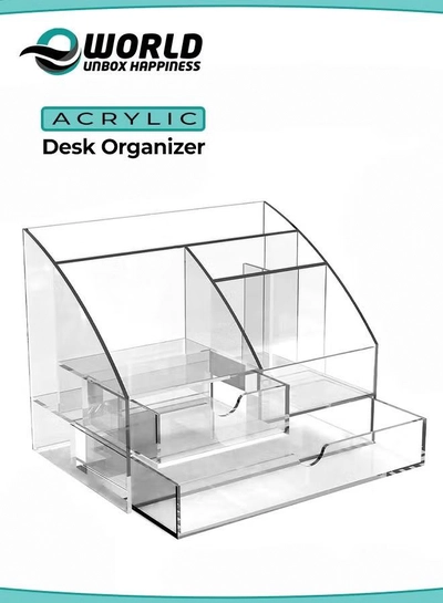 Eworld Clear Acrylic Desk Organizer Featuring 5 Compartments and 2 Slide-Out Drawers-0