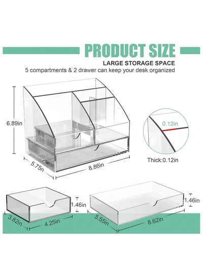 Eworld Clear Acrylic Desk Organizer Featuring 5 Compartments and 2 Slide-Out Drawers-1